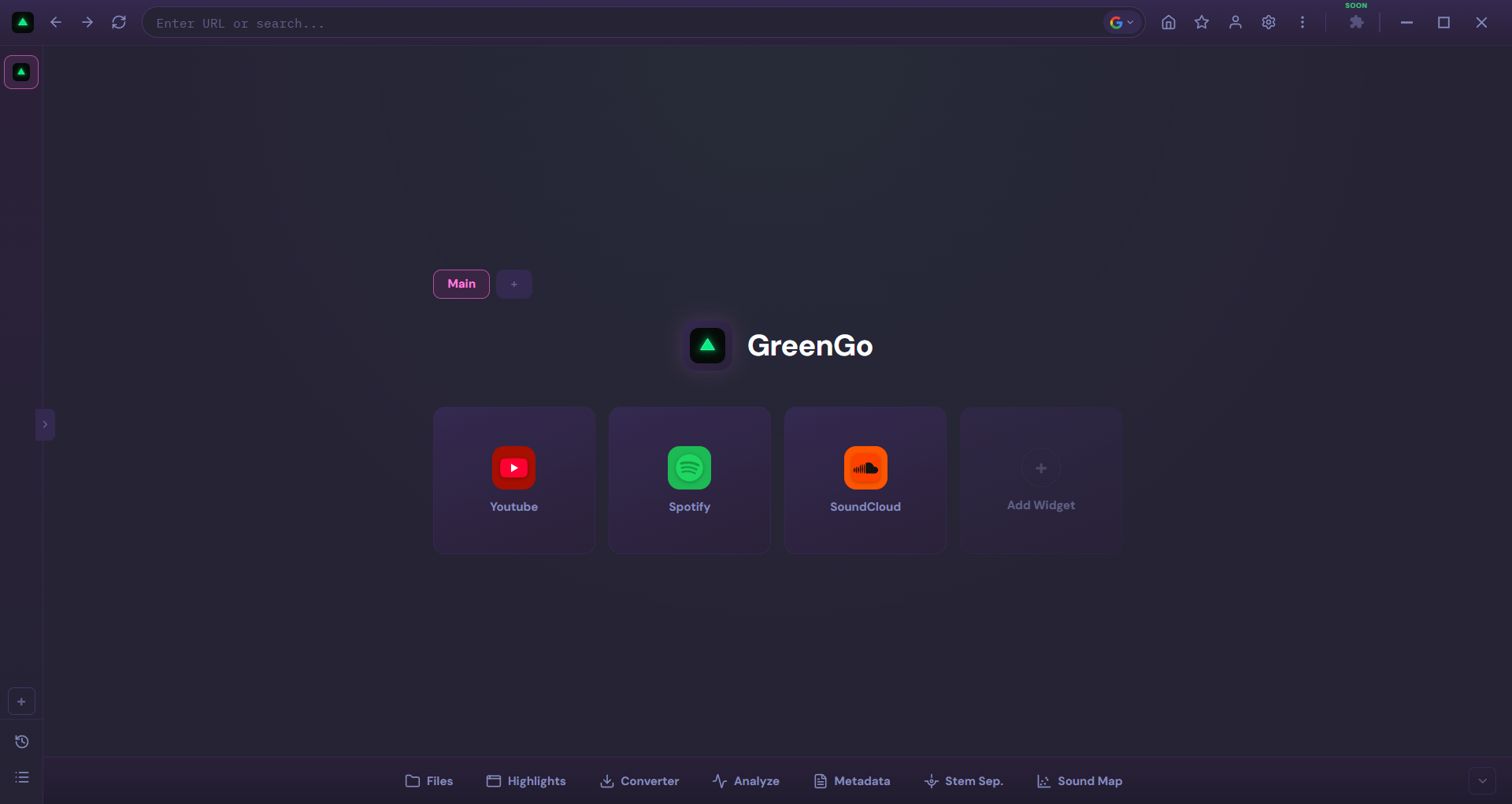 GreenGo Browser — Synthwave theme