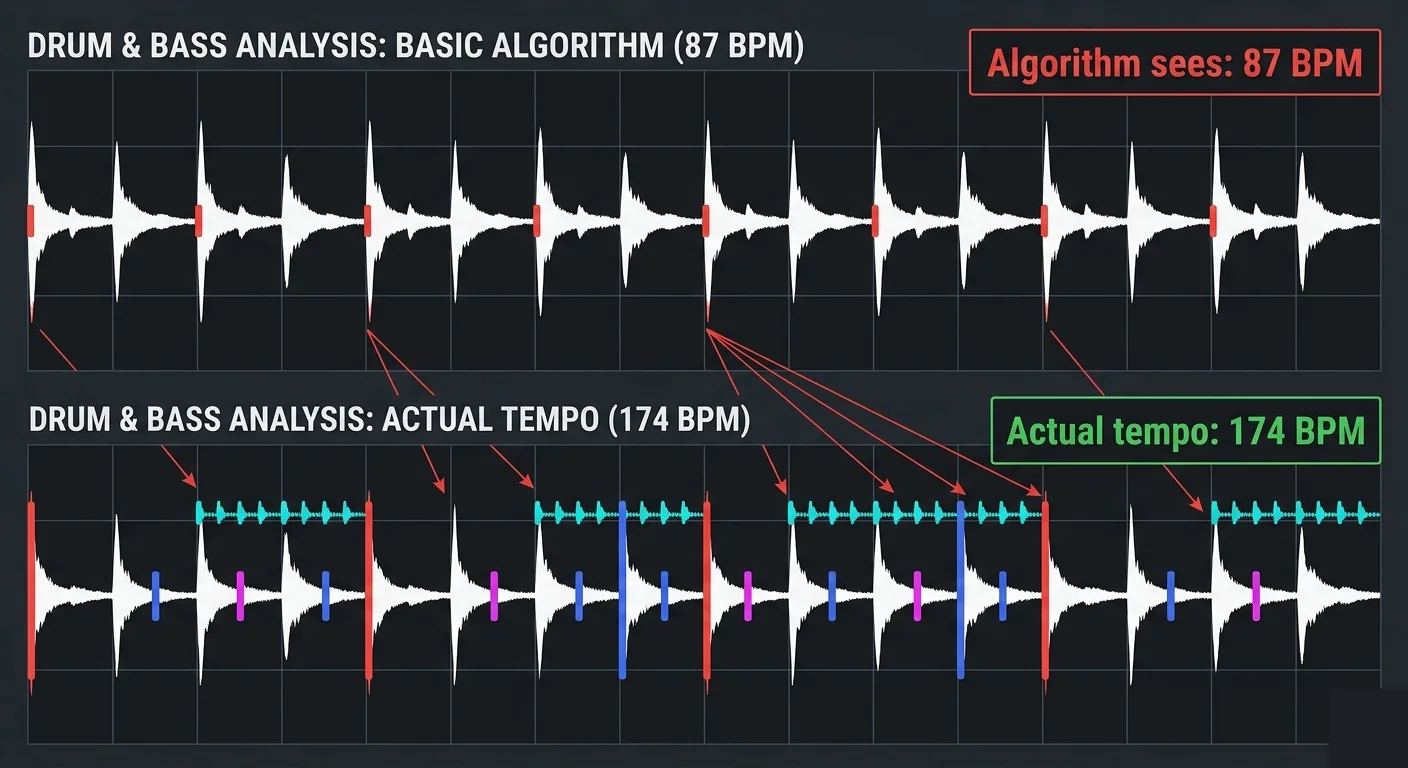 Drum and bass BPM detection comparison   basic algorithm incorrectly detects 87 BPM while full analysis shows actual tempo of 174 BPM