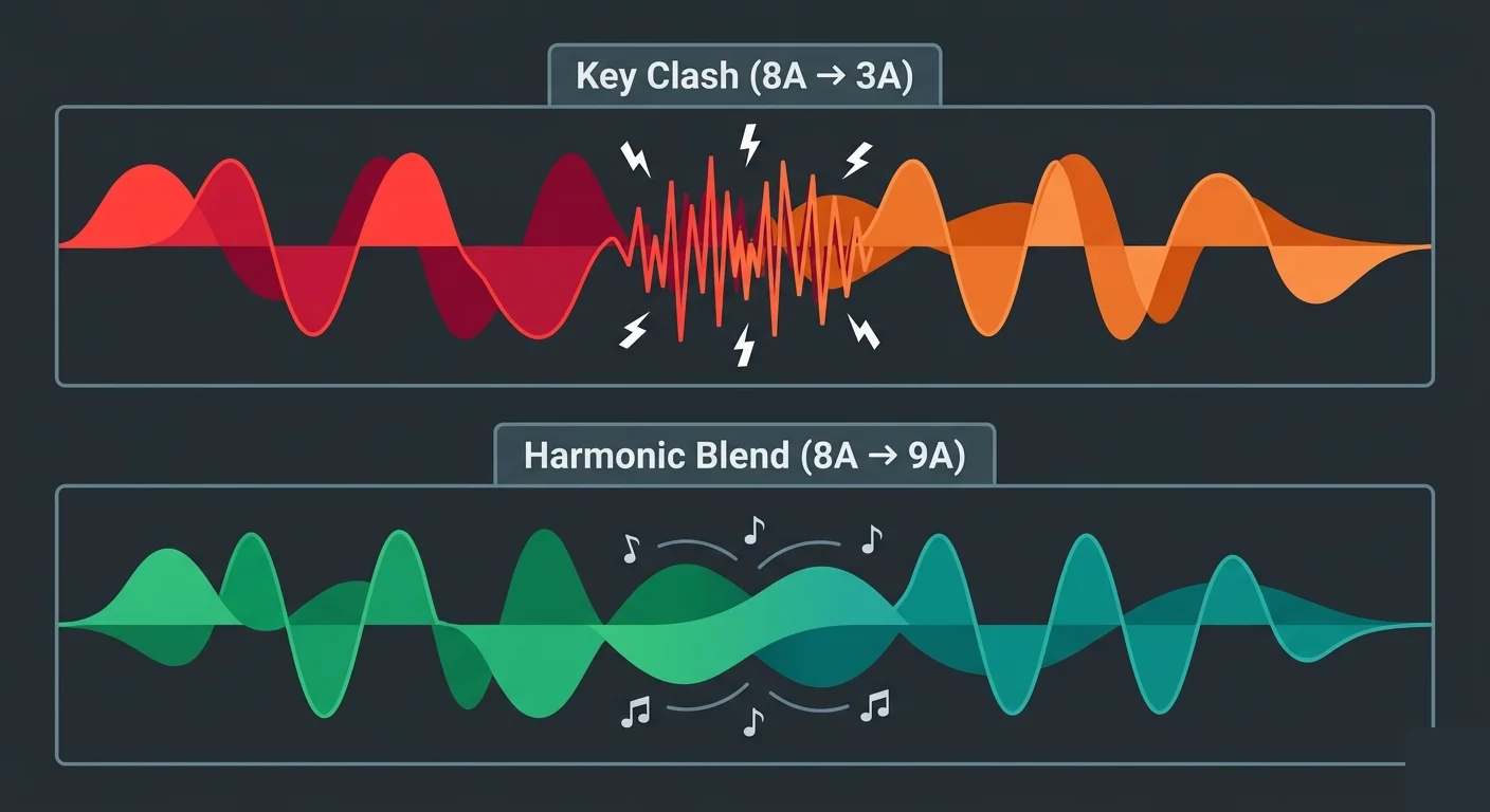 Key clash vs harmonic blend comparison   8A to 3A creates dissonance while 8A to 9A blends smoothly