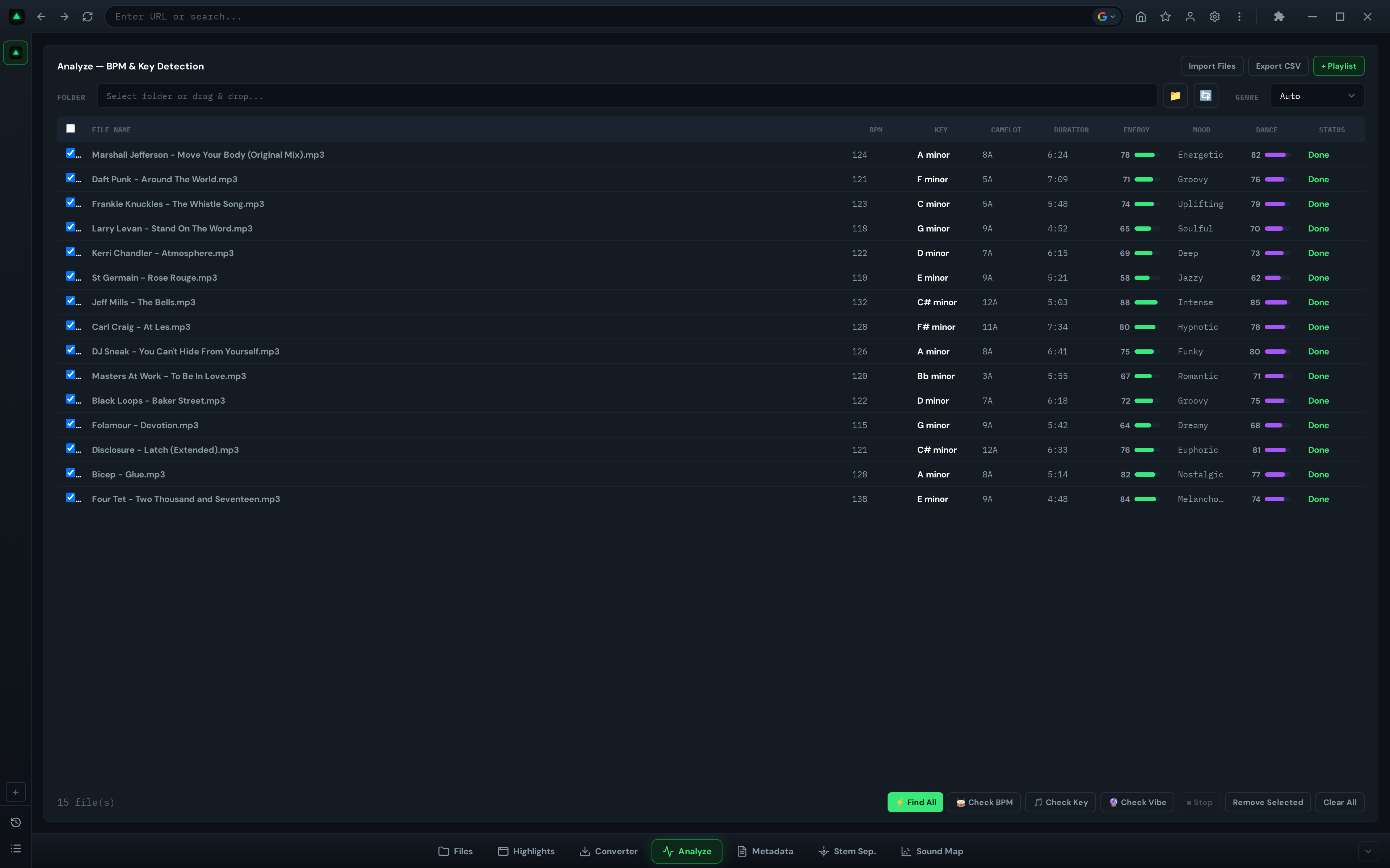 GreenGo Analyze tab with tracks populated showing BPM, musical key, Camelot code, duration, energy bars, mood labels, and danceability scores
