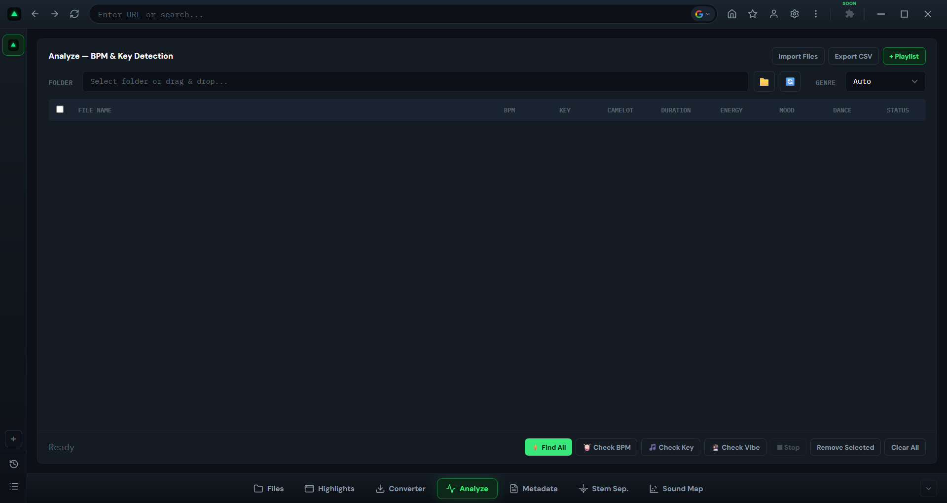 Interfaz completa de la pestaña Analyze de GreenGo con tabla vacía, barra de herramientas y botones de control