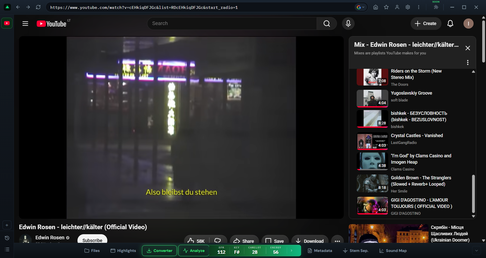 Autoanálisis del navegador GreenGo mostrando un track de YouTube reproduciéndose con detección automática de BPM, tonalidad y energía