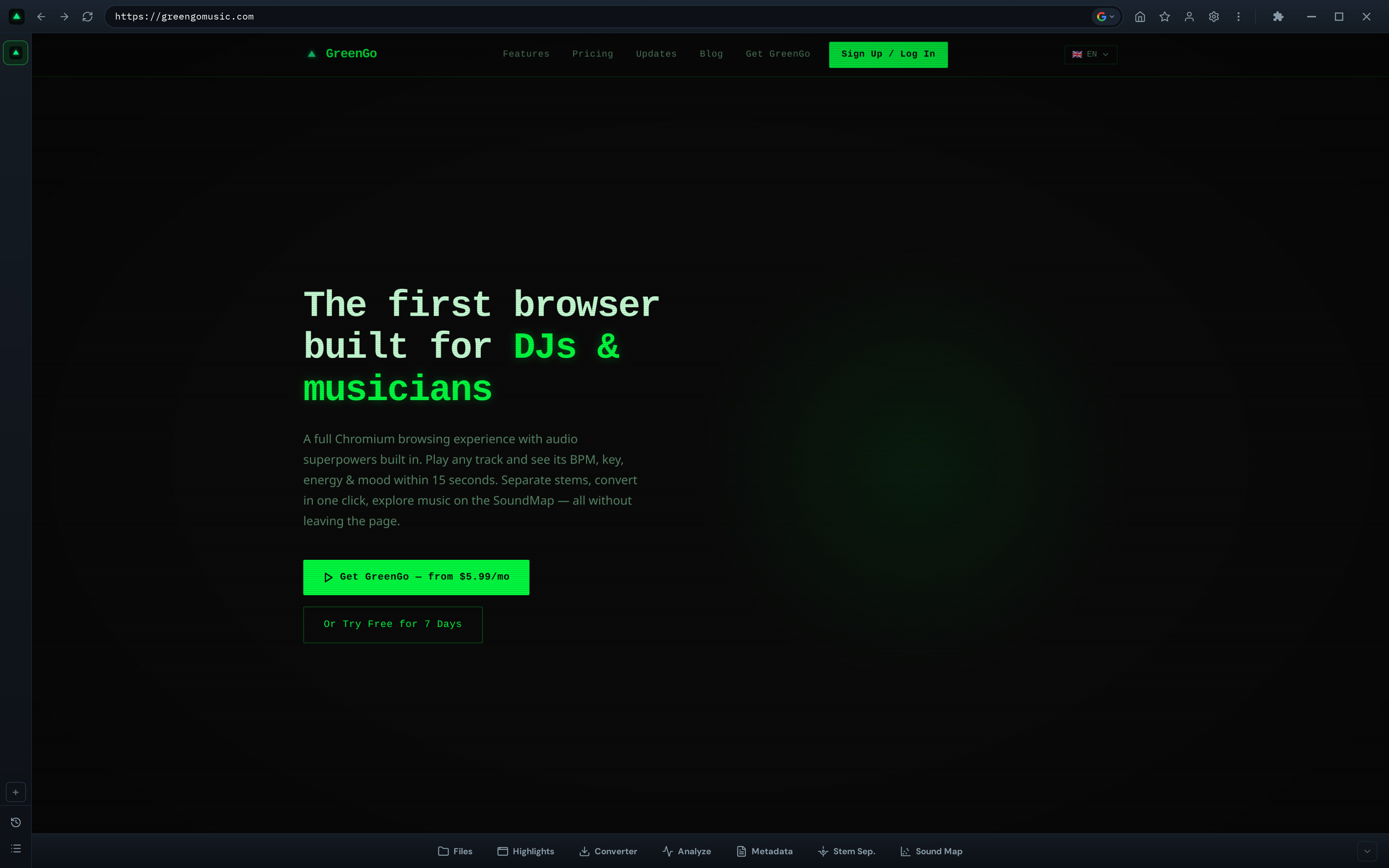 GreenGo app main window showing the browser tab with greengomusic.com loaded and the bottom toolbar with all tab buttons visible