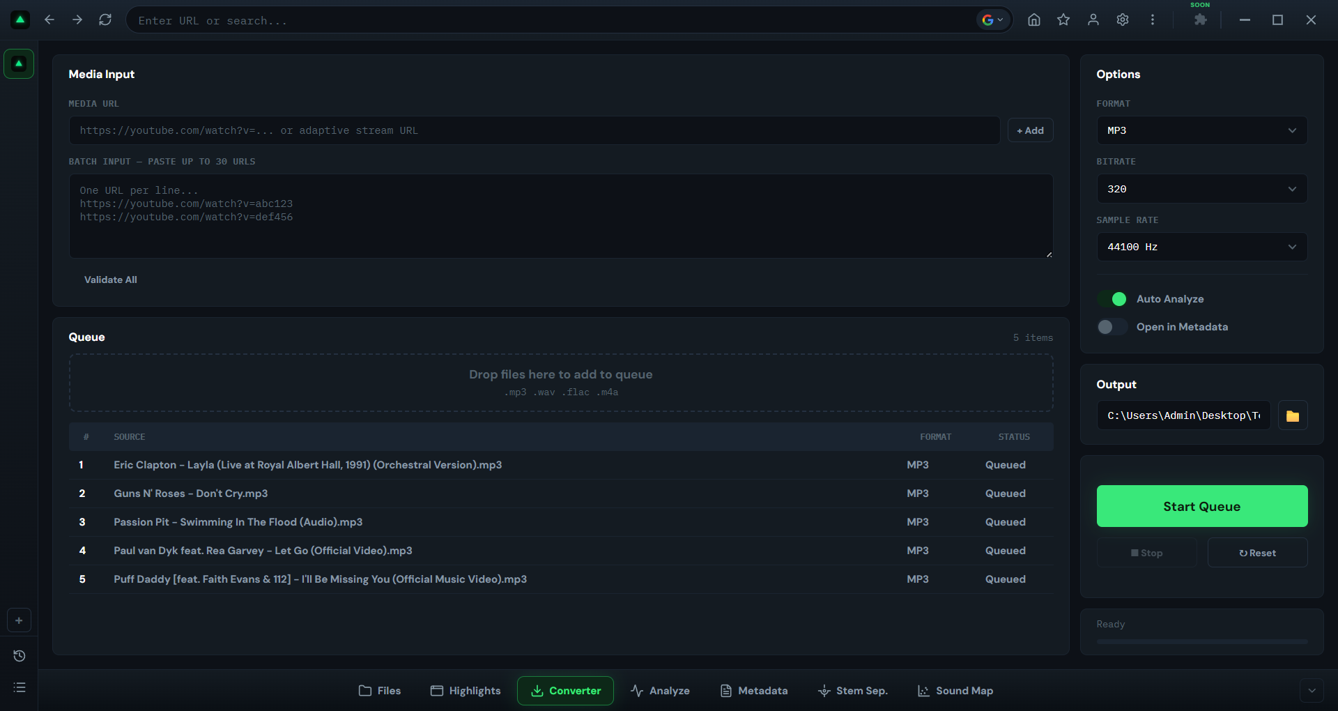 GreenGo Converter batch URL input showing textarea with multiple URLs pasted in, URL count display, and queue table populated with items showing Queued status