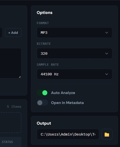 GreenGo Converter format and quality options panel showing format dropdown (MP3), bitrate dropdown (320), sample rate dropdown (44100 Hz), Auto Analyze checkbox, and Open in Metadata checkbox