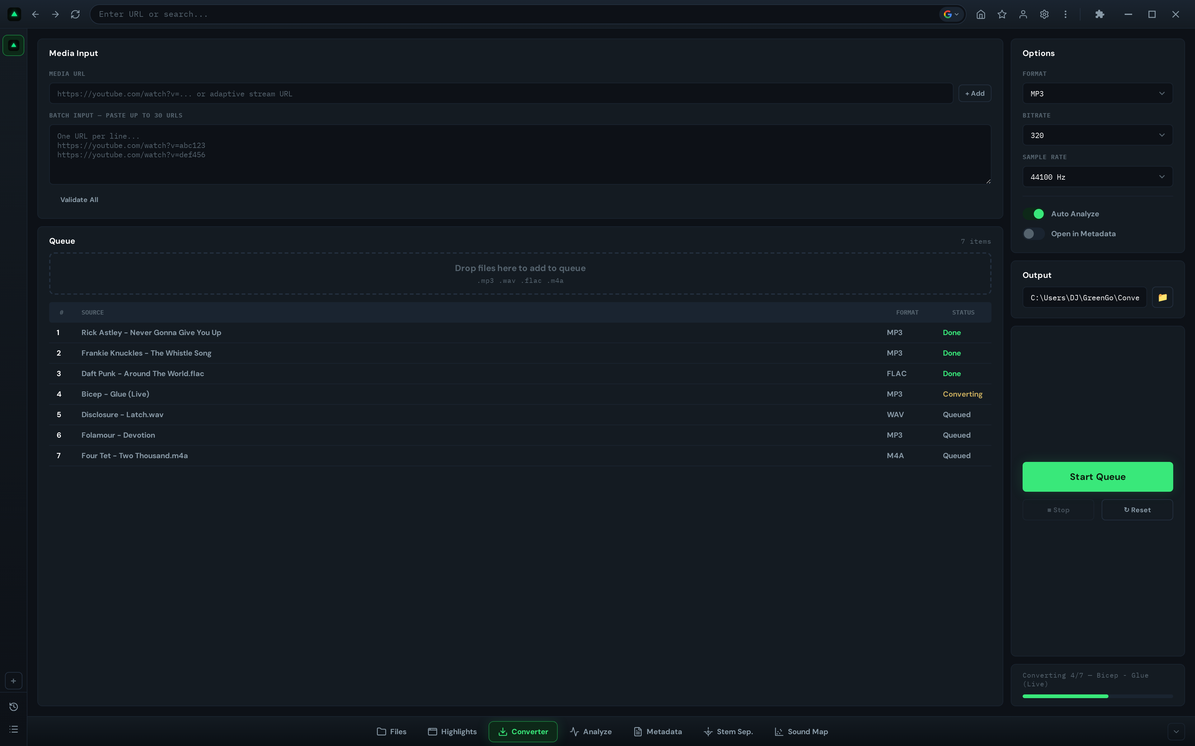GreenGo Converter tab showing the queue table with items at various stages and format/quality options panel