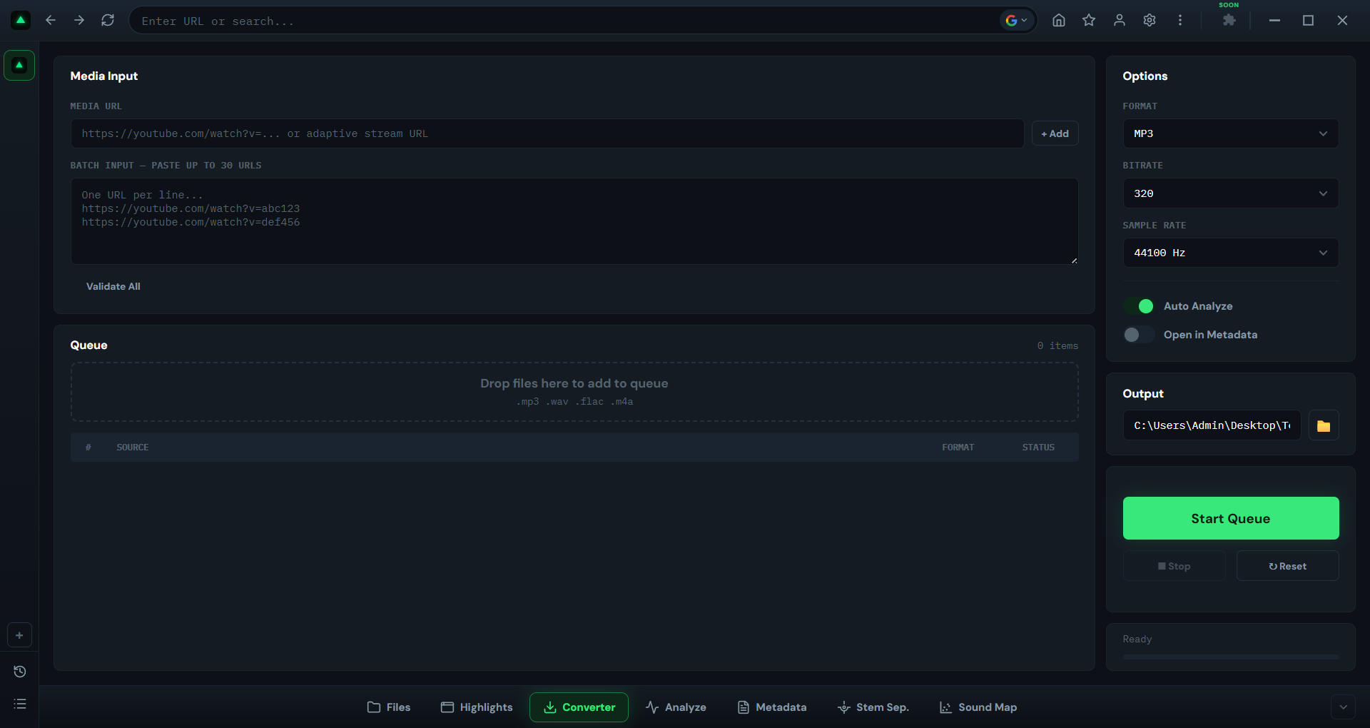 GreenGo Converter tab full interface showing left column with URL input, batch textarea, and empty queue table; right column with format dropdown (MP3 selected), bitrate (320), sample rate (44100), output folder, and Start Queue button