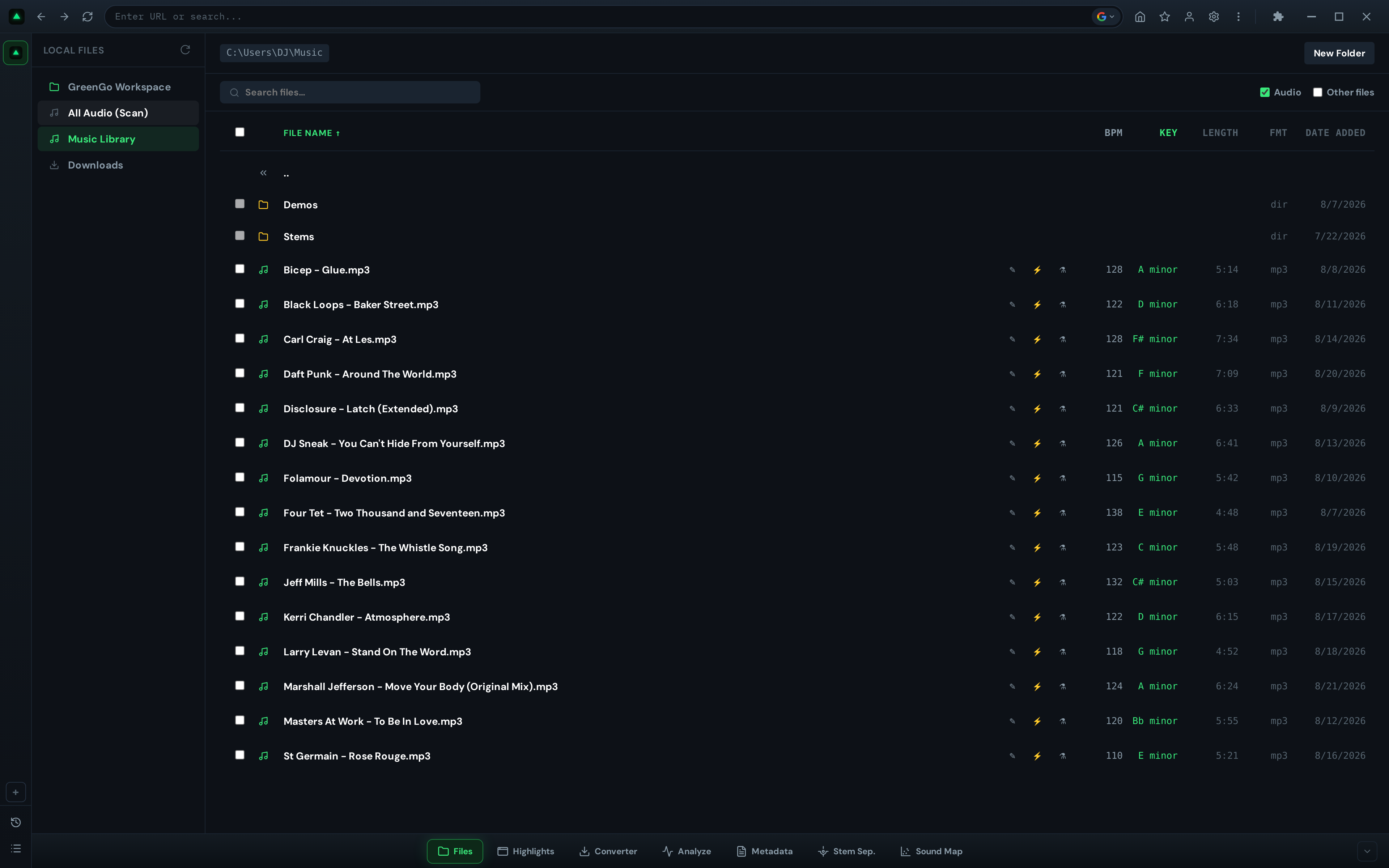 GreenGo File Manager showing audio files listed with BPM, key, and duration columns, with the tag icon for sending files to the Metadata Editor