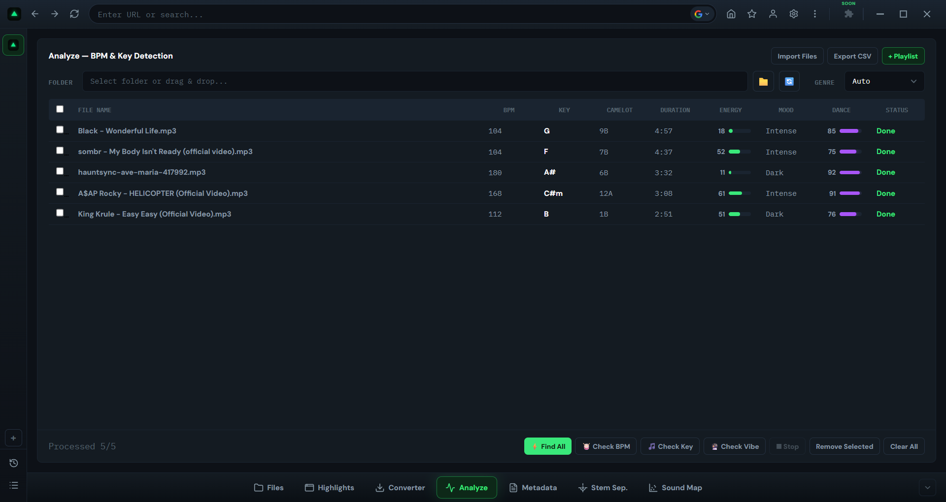 Pestaña Analyze de GreenGo mostrando tabla de resultados completamente analizada con BPM, tonalidad, Camelot, energía, mood y danceability