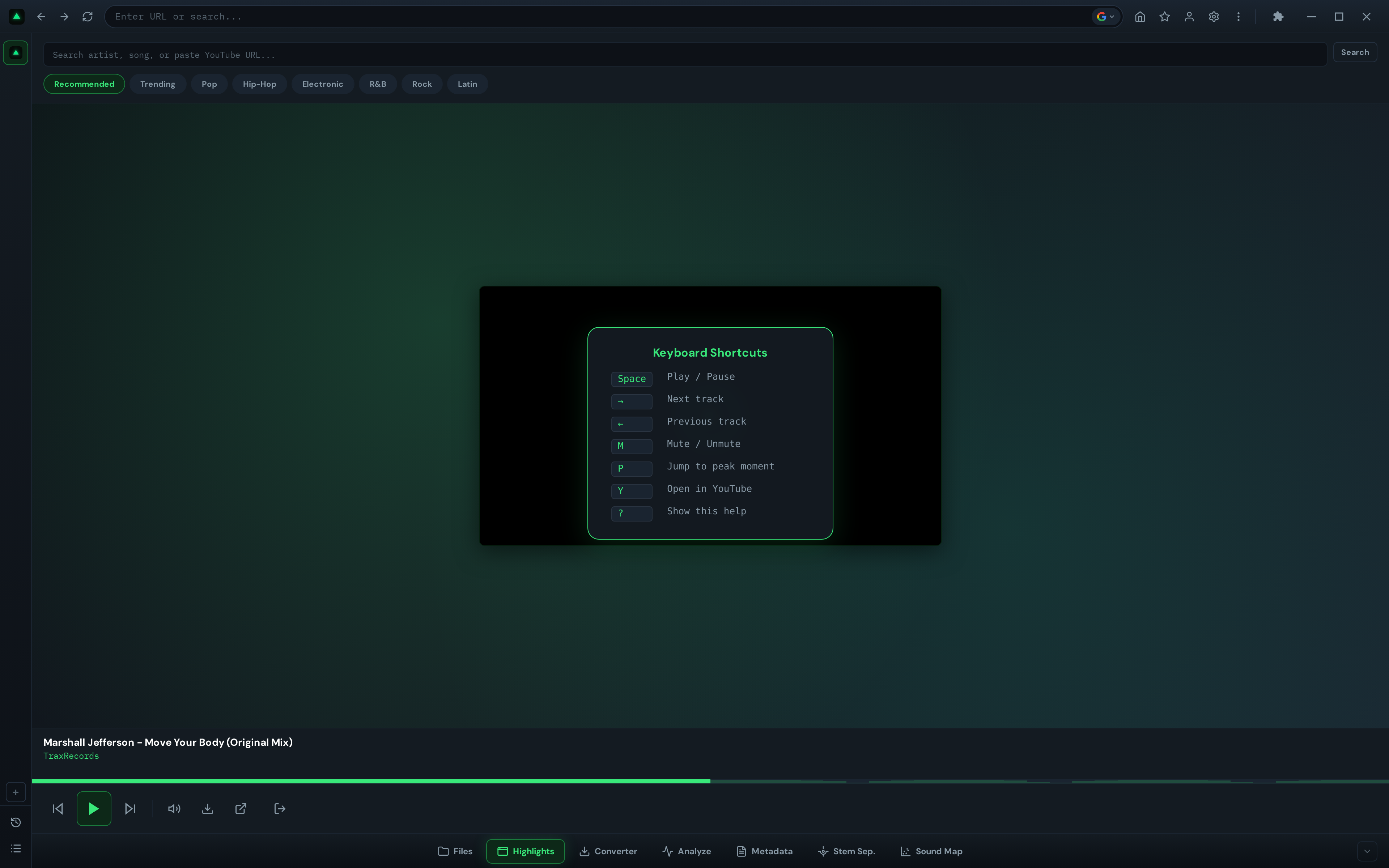 GreenGo Highlights tab with a keyboard shortcuts overlay showing controls for next track, previous track, play/pause, mute, and open in YouTube