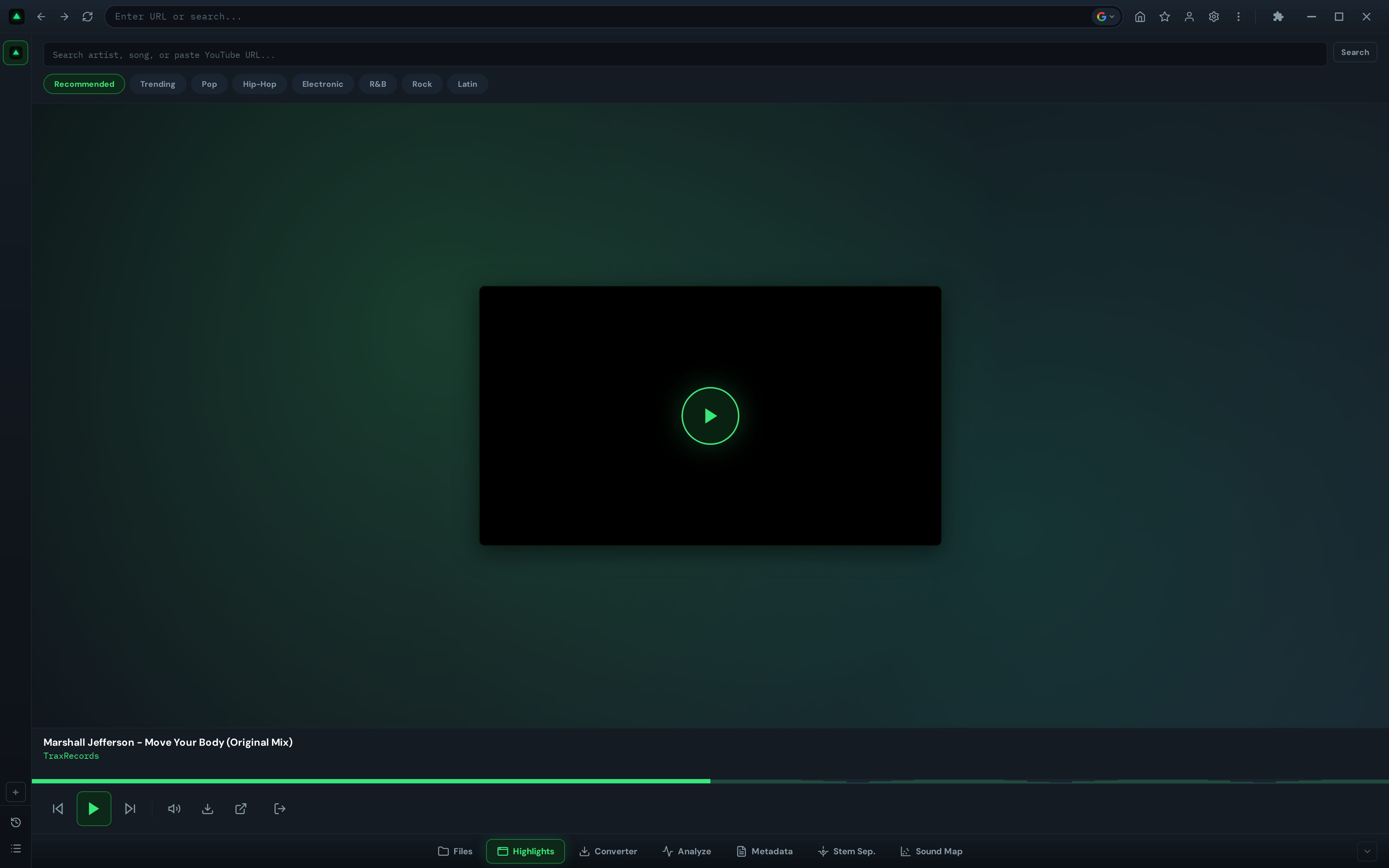 GreenGo Highlights tab showing the horizontal video player with a YouTube music video playing, genre chips at top, heatmap progress bar, and playback controls