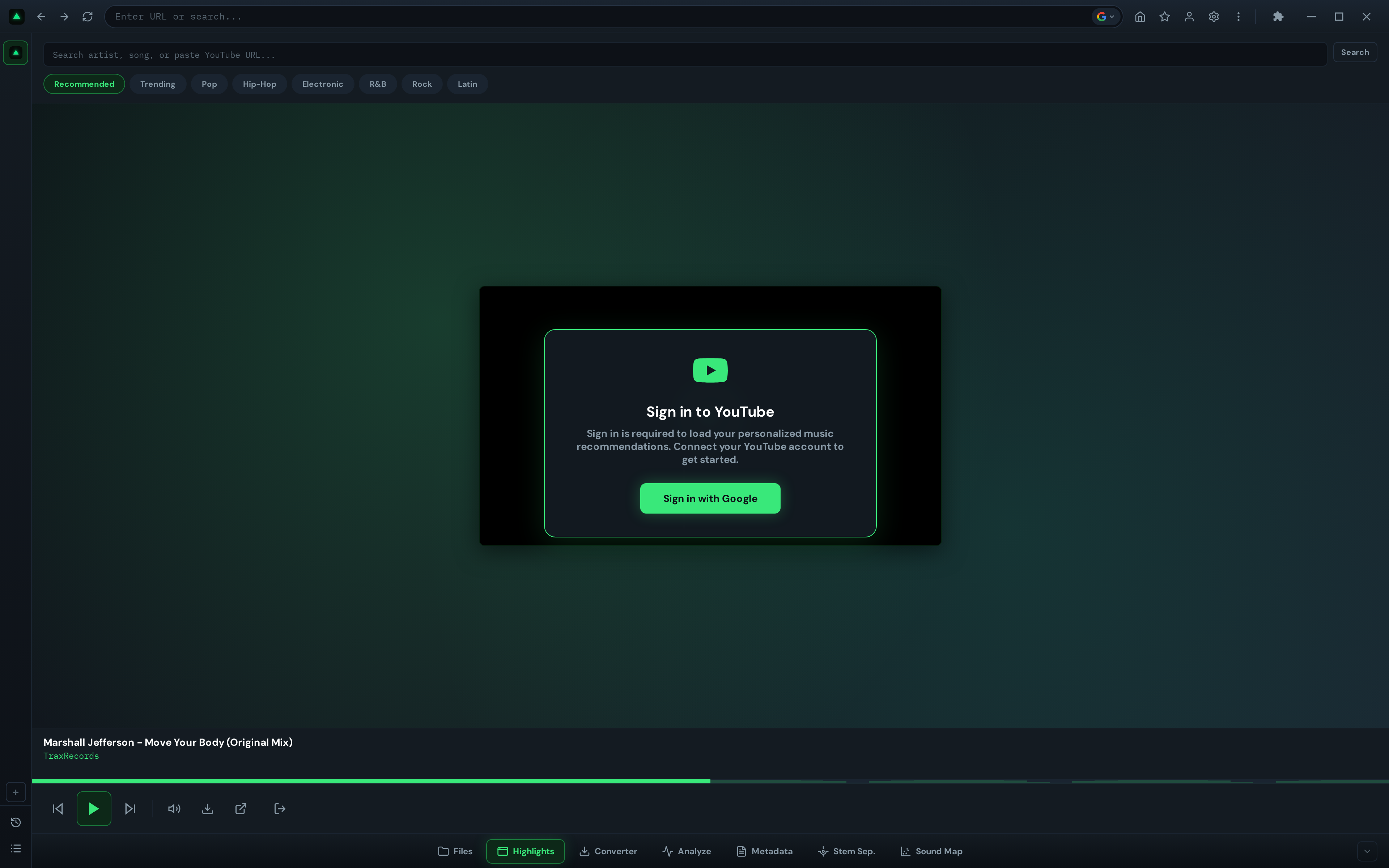 GreenGo Highlights tab showing the YouTube sign-in prompt overlay with a Sign in with Google button, required to access the recommendations feed