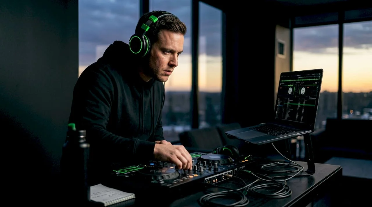 DJ adjusting key lock settings at nightclub setup