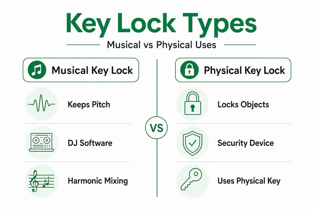 Infographic comparing musical key lock vs physical key lock meaning