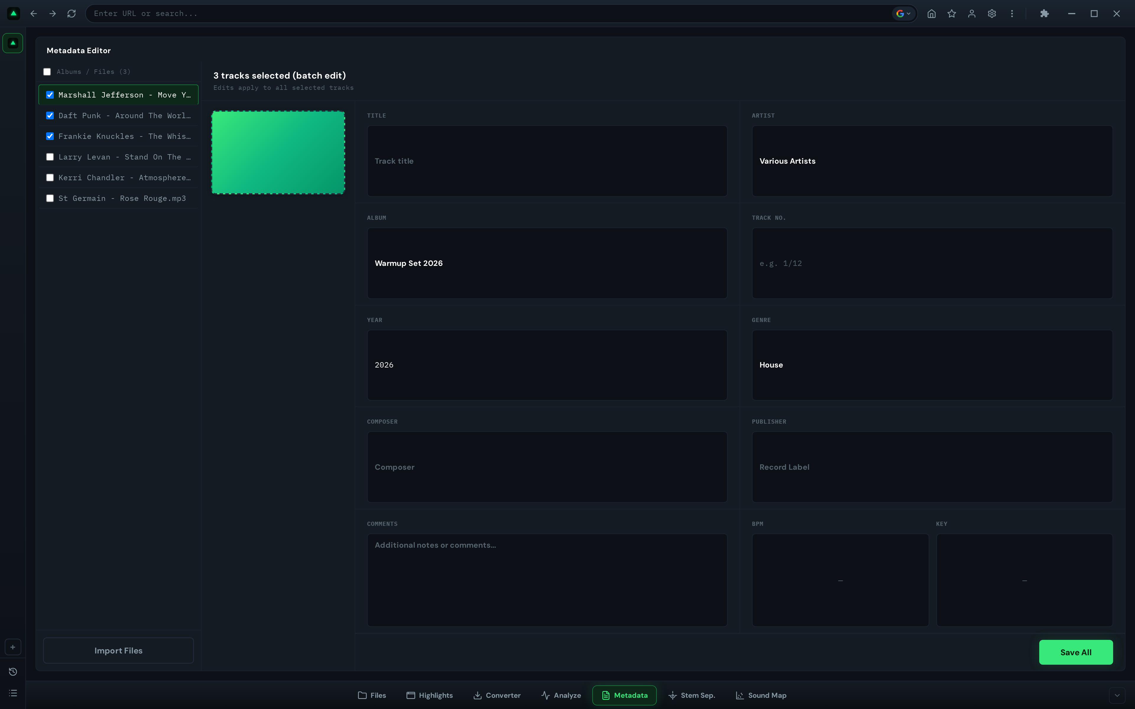 GreenGo Metadata Editor batch editing mode with 3 tracks selected in the sidebar, showing shared fields that apply to all selected files
