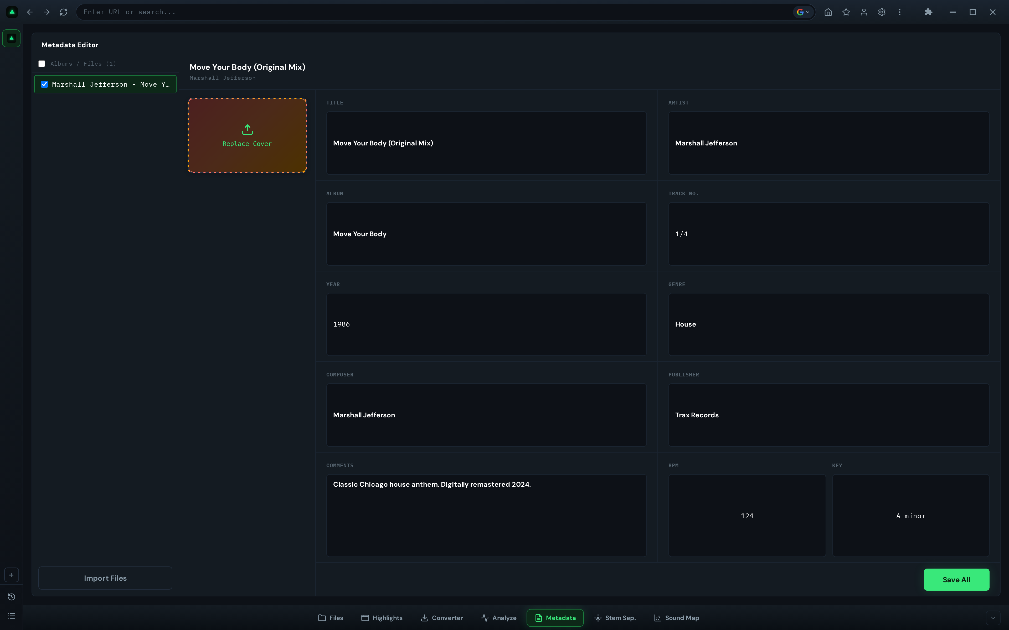 GreenGo Metadata Editor showing cover art replacement with a gradient cover and upload overlay, alongside fully populated metadata fields