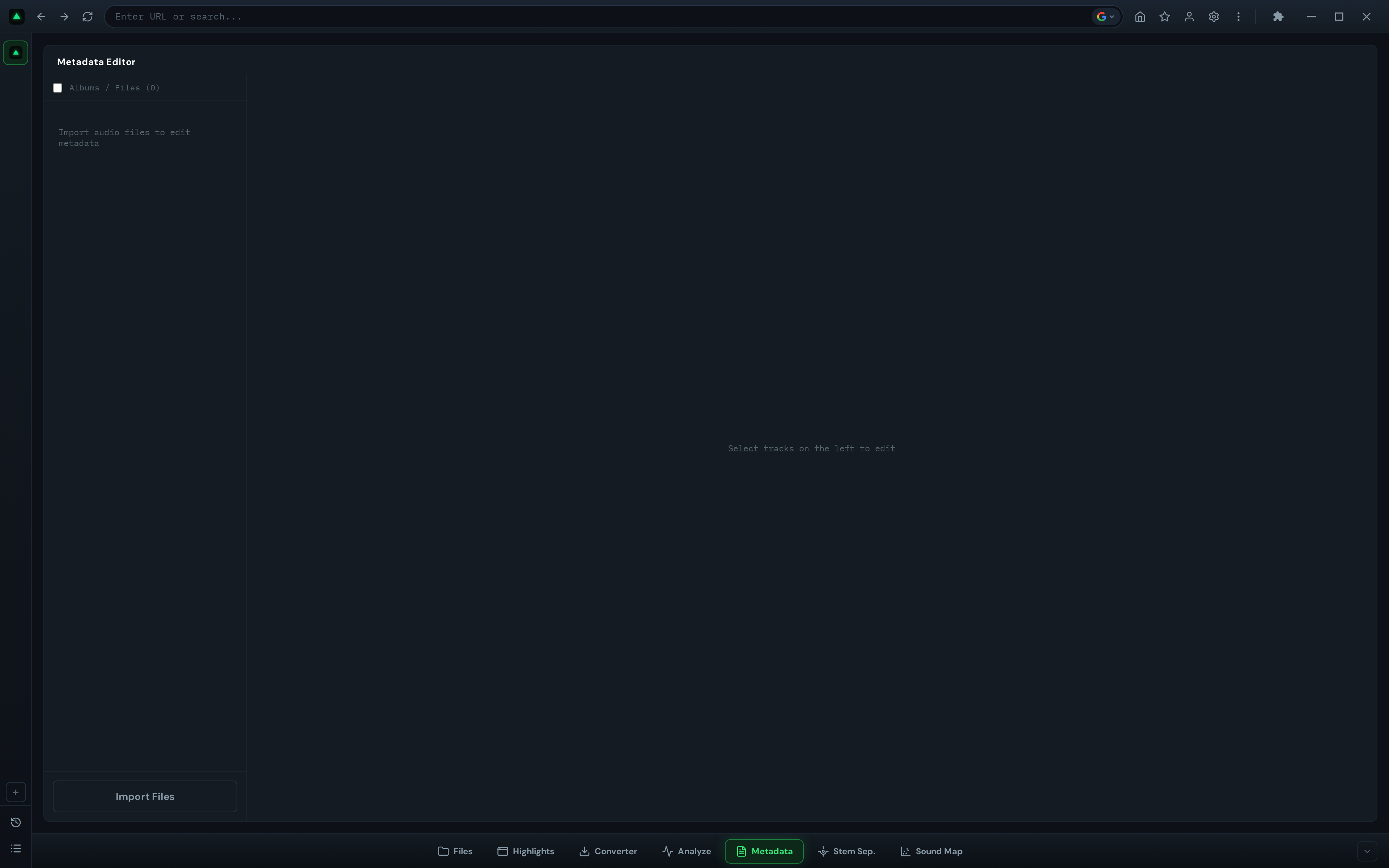 GreenGo Metadata Editor empty state showing the sidebar with import prompt and the editor panel with select tracks message