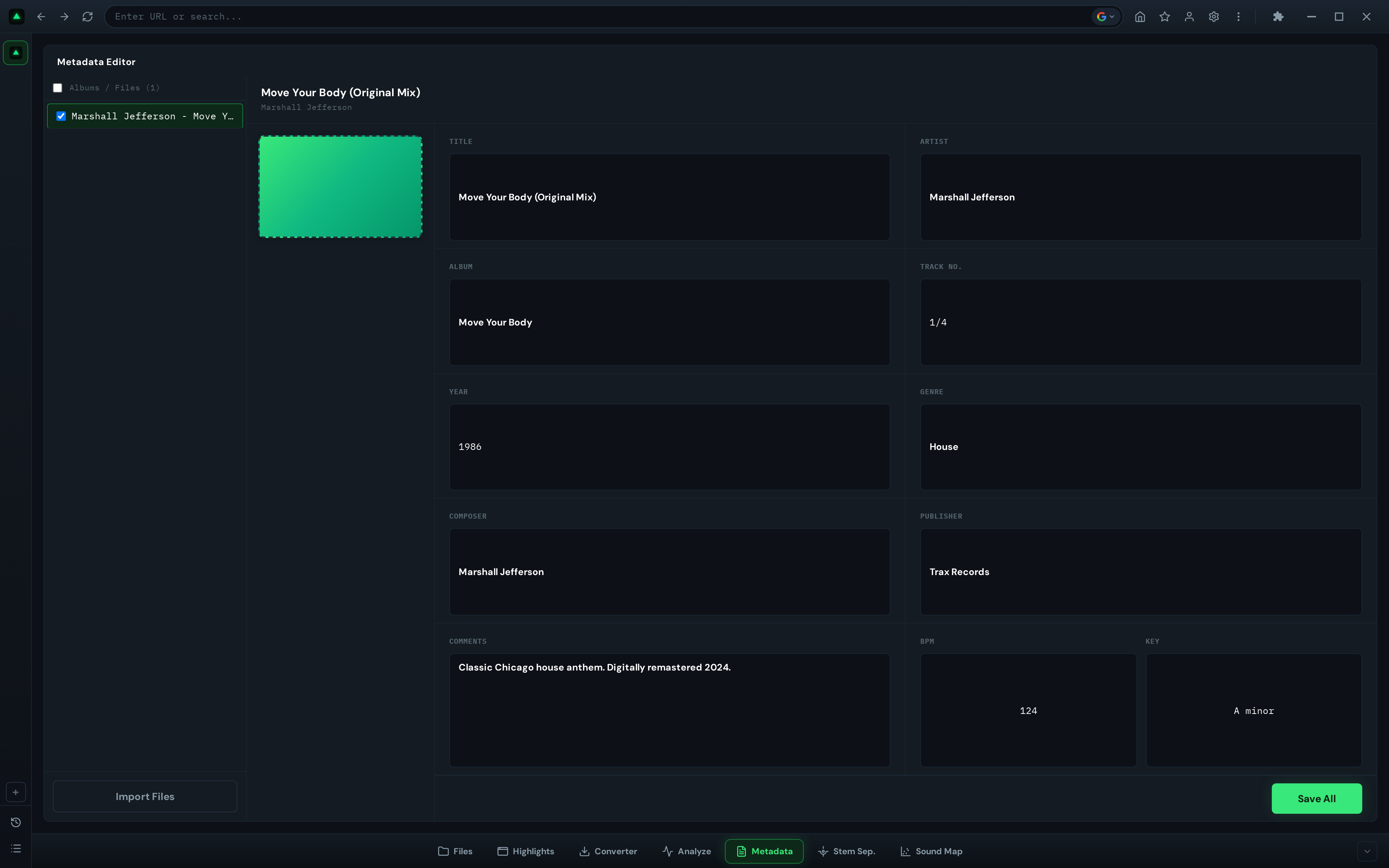 GreenGo Metadata Editor with a track loaded and all ID3 fields populated including title, artist, album, BPM, and key