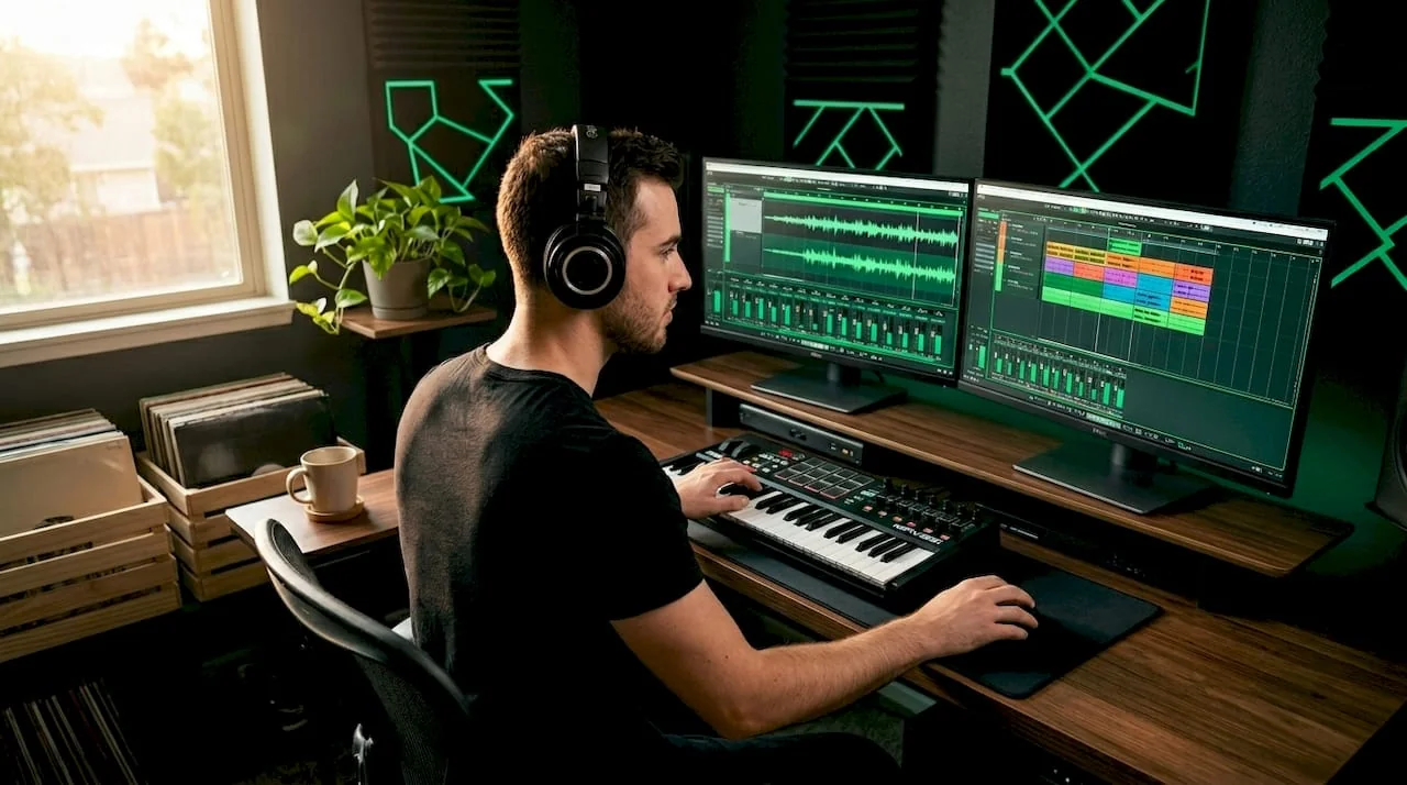 Music producer organizing loops by BPM at home studio desk