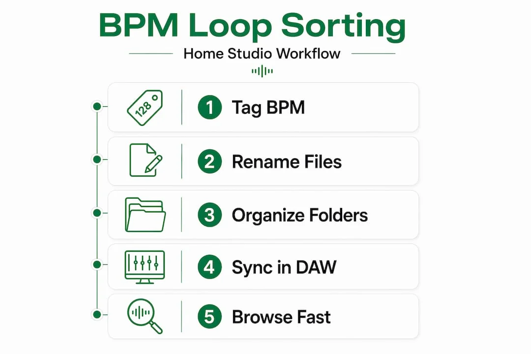 Infographic showing BPM sorting workflow for music producers in 5 steps