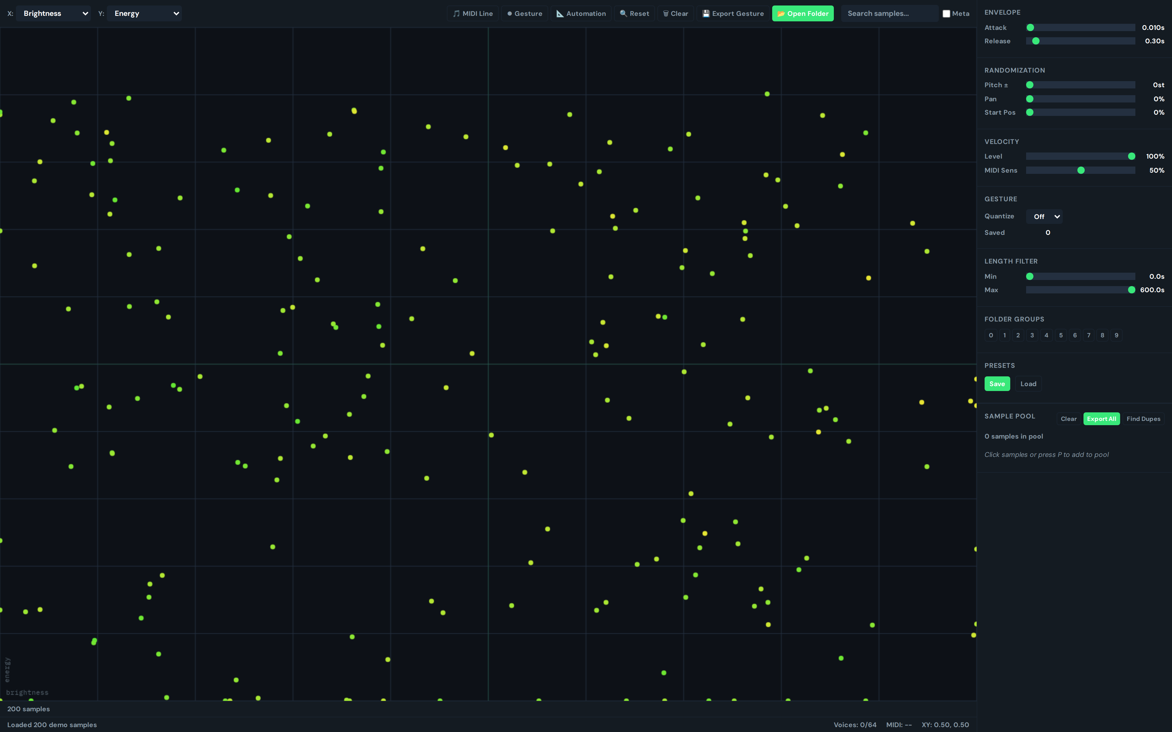 GreenGo SoundMap scatter plot with dozens of sample dots distributed across the canvas, showing audio feature clustering by tempo and energy