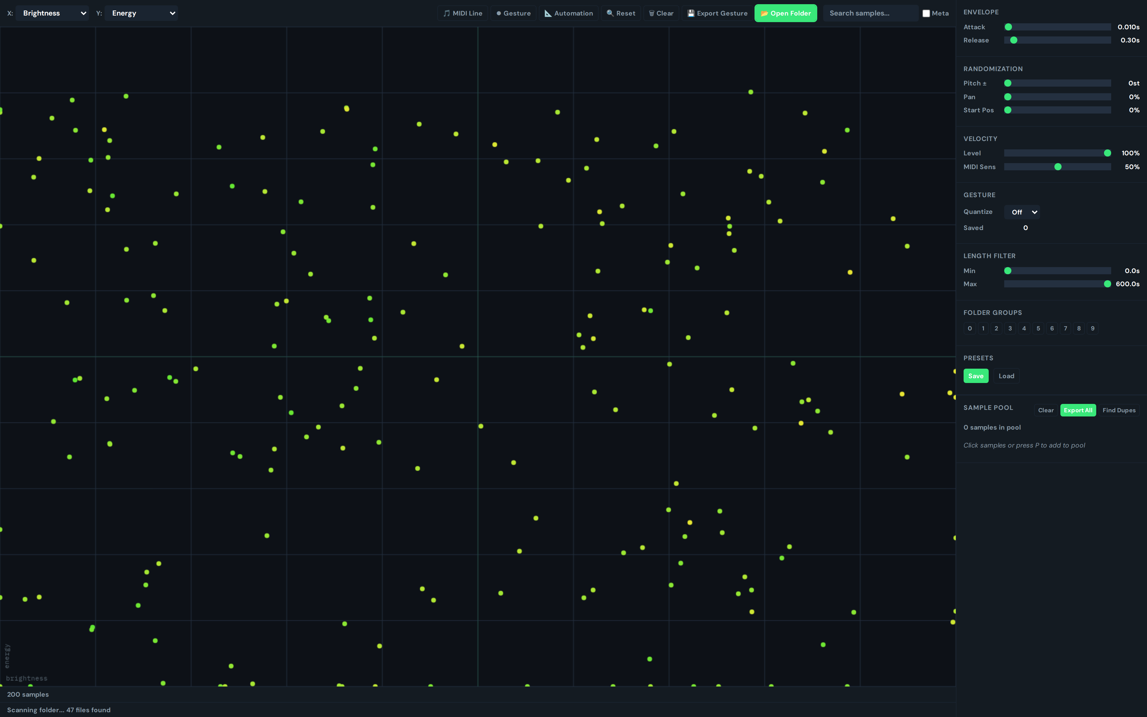 GreenGo SoundMap showing the loading state with status bar indicating folder scanning and sample analysis in progress