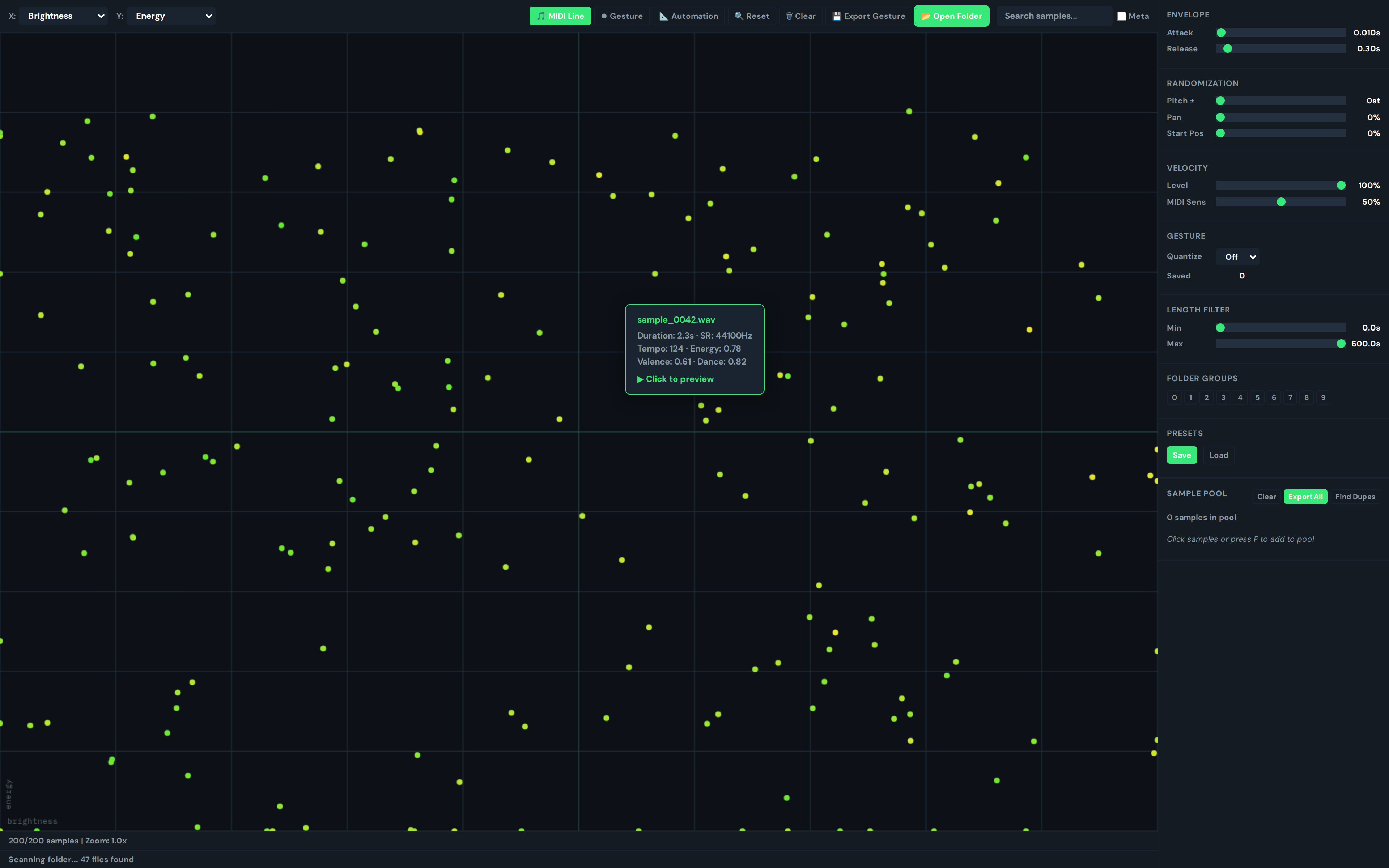 GreenGo SoundMap with MIDI controller integration, showing the scatter plot and MIDI connection status for triggering samples from a hardware controller
