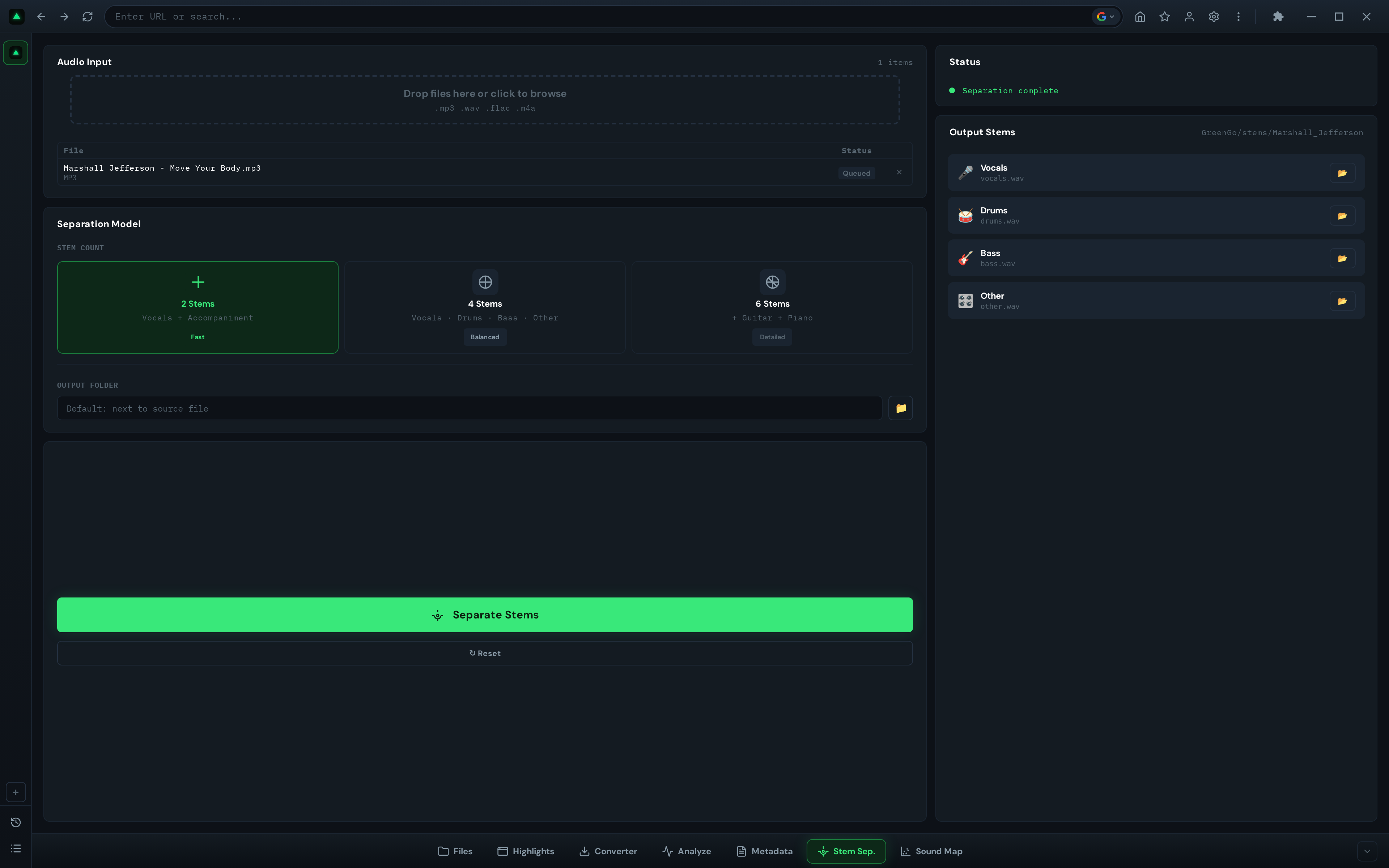 GreenGo Stem Separation completed results showing all extracted stems listed with playback and reveal buttons, and the output directory path