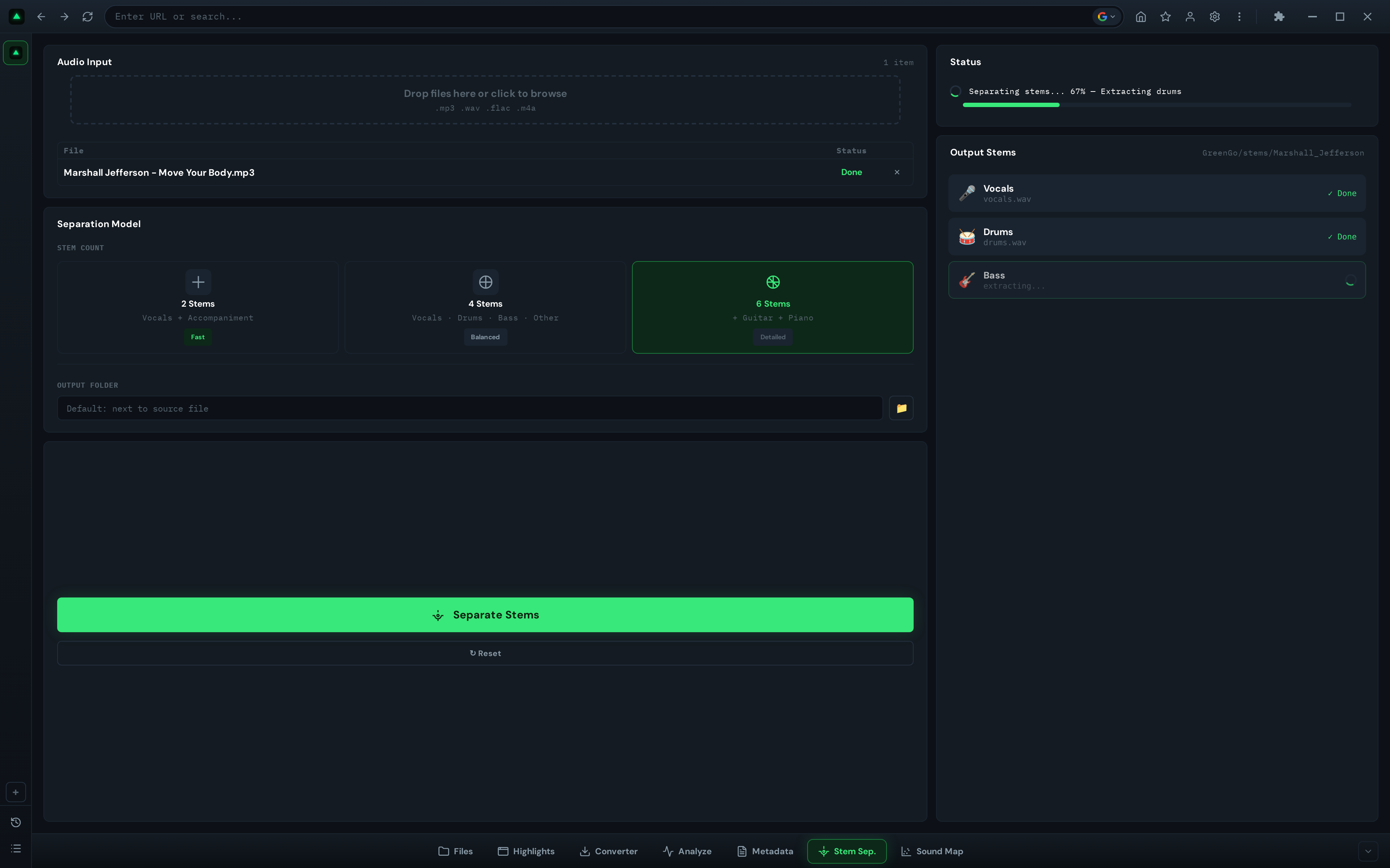 GreenGo Stem Separation in progress showing the spinner, progress bar at 67%, status message, and partial results with vocals and drums already extracted